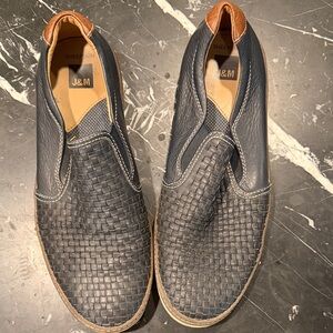 J&M Men’s Navy Woven Leather Slip-On Loafers with Brown Trim